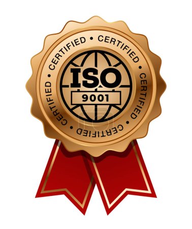 ISO 9001 Bronzemedaille mit rotem Schleifenvektor. Siegel vergeben Bronze. Qualitätsmanagementsysteme. QMS-Standard.