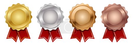 Illustration for Set of medal with red ribbon vector. Set of seal award. Medal badge icons premium. Blank medal template. - Royalty Free Image