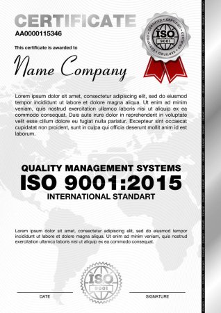 Illustration for Certificate template with line pattern and silver emblem, ISO 9001 certified, Vector illustration. Certificate template. - Royalty Free Image