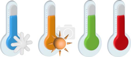 Ilustración de Los termómetros son iconos meteorológicos tridimensionales, dos para indicar calor y frío, dos adicionalmente en diferentes colores - Imagen libre de derechos