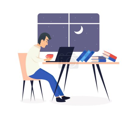 Téléchargez les illustrations : Illustration de travail informatique, clipart, un homme travaille à un ordinateur tard - en licence libre de droit