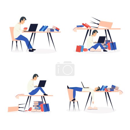 Illustration for A series of illustrations working at a computer, clipart, a man working at a computer, vector illustrations - Royalty Free Image