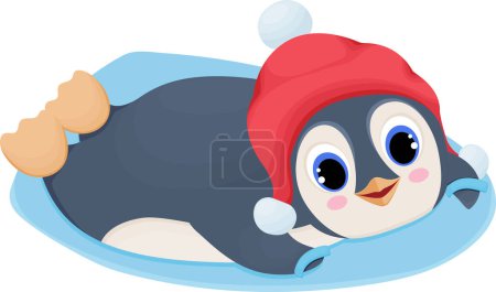 Ilustración de Alegre pingüino se encuentra en Iceboard, esquí de invierno en la nieve, ilustración con carácter, personaje de dibujos animados, lindo ilustración infantil con carácter de invierno, diversión de invierno, vacaciones - Imagen libre de derechos