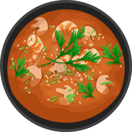 Illustration for Tom yam soup with shrimp, shiitake mushrooms, hot peppers, lime, sesame seeds and herbs. Top view. Food illustration. Vector illustration. Asian food - Royalty Free Image