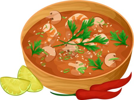 Illustration for Tom yam soup with shrimp, shiitake mushrooms, hot peppers, lime, sesame seeds and herbs. Food illustration. Vector illustration. Asian food - Royalty Free Image