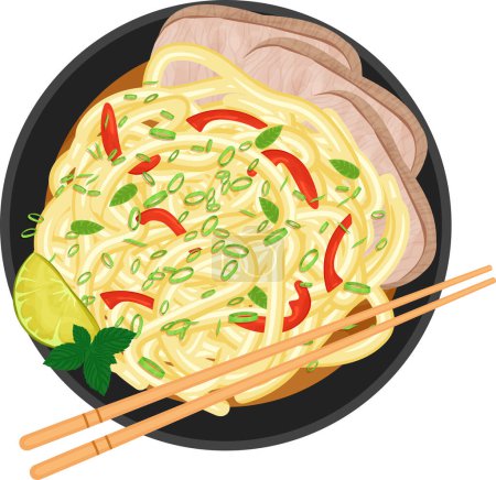 Téléchargez les illustrations : Soupe vietnamienne Pho Bo avec viande, nouilles, poivrons, basilic, menthe, citron vert et oignons verts. Illustration alimentaire - en licence libre de droit