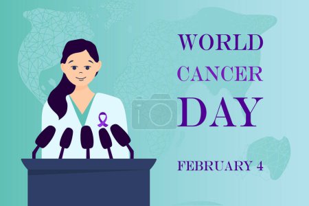 Téléchargez les illustrations : World Cancer Day poster or banner template with purple ribbon symbol and doctor in medical gown, doctor speech, presentation, talk about cancer - en licence libre de droit