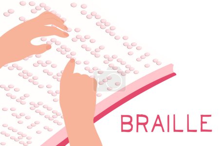 Ilustración de Illustration of a book written in braille, hands read text in an unfolded book - Imagen libre de derechos
