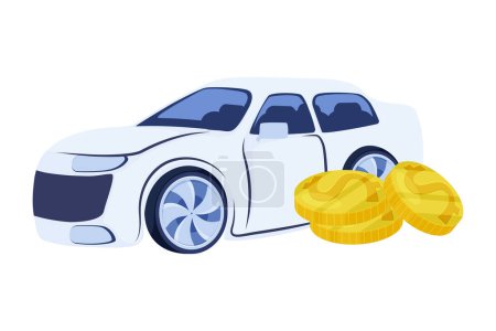 Téléchargez les illustrations : Illustration of a car side view, coins,the concept of selling or buying cars, clipart cars with coins, vector - en licence libre de droit