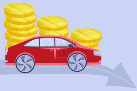 Illustration for Illustration of a car side view and a lot of coins, the concept of lowering the price of cars, lowering the price when selling or buying a car, vector - Royalty Free Image
