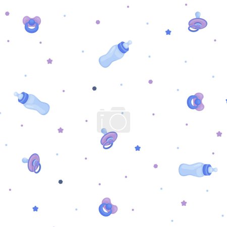 Illustration for Seamless pattern with baby nipples and bottle, baby pattern in blue , vector - Royalty Free Image