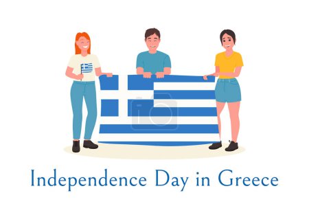 Téléchargez les illustrations : Enfants souriants tenant un grand drapeau de la Grèce, carte postale pour la fête de l'indépendance grecque, fond abstrait, vecteur - en licence libre de droit