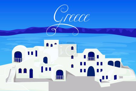 Téléchargez les illustrations : Contexte avec une île en Grèce, maisons, plage et île, Grèce, vecteur - en licence libre de droit
