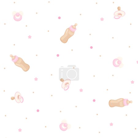 Illustration for Baby seamless pattern with baby nipples and bottle, baby illustrations, light beige and pink colors, vector - Royalty Free Image