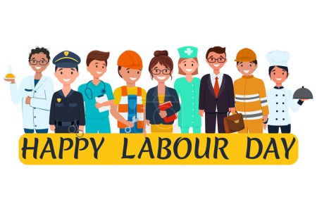 Facharbeiter, Internationaler Tag der Arbeit. Charaktere, Menschen aus verschiedenen Berufen. Happy Labor Day Feiertag. Illustrationen für Plakate, Flyer und Grußkarten 