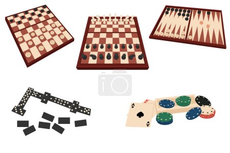 Set of board game illustrations. Chess, checkers, backgammon, dominoes, poker. Leisure activities for the company of friends, spend time at home. Entertainment for adults and children