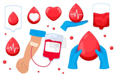 Conjunto de ilustraciones para el día del donante de sangre, bolsa de sangre, gota de sangre, corazón, latidos del corazón, mano con bolsa de sangre, factor rhesus, donación. Vector