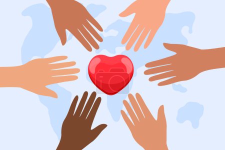 Illustration for Illustration with hands and heart, world map in background, concept of helping others, vector - Royalty Free Image