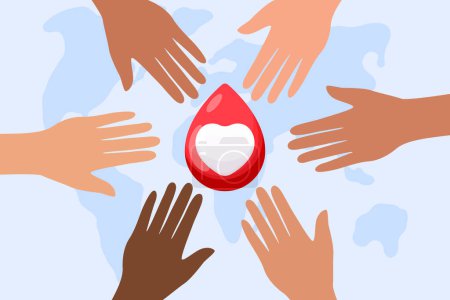 Illustration for Illustration of hands with a drop of blood and a heart, world map in the background, the concept of blood donation and helping others, vector - Royalty Free Image