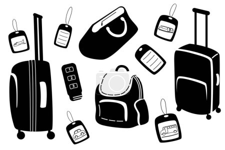 Illustration for Set of luggage, suitcases, bag, backpack, travel, locks and tags for suitcases, vector set - Royalty Free Image