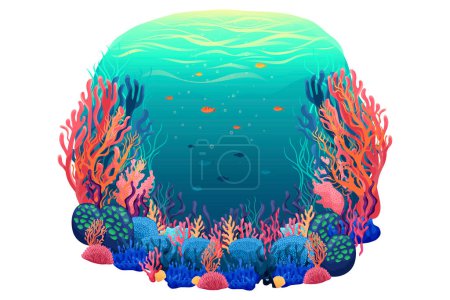 Colorful summer illustration with underwater world, fish, coral reefs, seaweed, beautiful ocean, vector