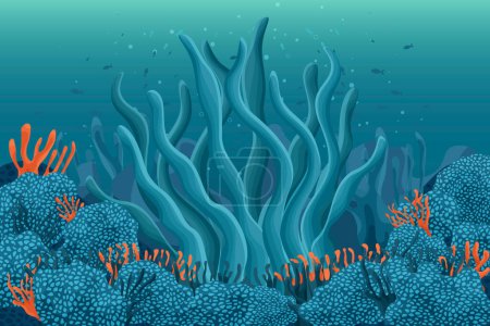 Illustration for Colorful summer illustration with underwater world, fish, coral reefs, seaweed, beautiful ocean, vector - Royalty Free Image