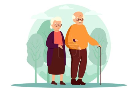Téléchargez les illustrations : Couple de personnes âgées marchent dans le parc ou dans la nature, personnes âgées marchent, vieillesse, illustration de famille - en licence libre de droit
