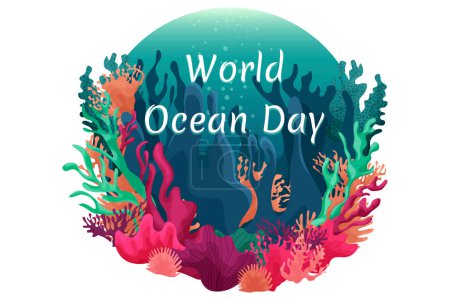 Illustration for Summer holiday illustration for world ocean day with underwater world, fish, coral reefs, seaweed, beautiful ocean, vector - Royalty Free Image