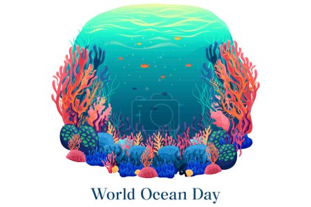 Illustration for Summer holiday illustration for world ocean day with underwater world, fish, coral reefs, seaweed, beautiful ocean, vector - Royalty Free Image