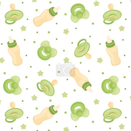 Illustration for Seamless pattern with baby nipples and bottle, baby items - Royalty Free Image
