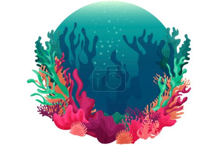 Foto de Colorida ilustración de verano con mundo submarino, peces, arrecifes de coral, algas marinas, hermoso océano, vector - Imagen libre de derechos