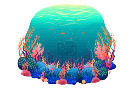 Illustration for Colorful summer illustration with underwater world, fish, coral reefs, seaweed, beautiful ocean, vector - Royalty Free Image