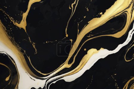 Téléchargez les illustrations : Fond noir avec or, fond abstrait, fond aquarelle en marbre liquide avec lignes dorées, taches, éclaboussures de peintures - en licence libre de droit
