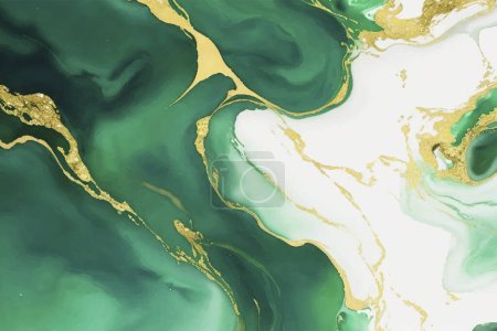 Téléchargez les illustrations : Fond vert, couleur émeraude, fond abstrait, fond aquarelle en marbre liquide avec lignes dorées, taches, éclaboussures de peintures - en licence libre de droit