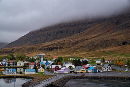 Scenic view of small town Seydisfjordur on Eastside of Iceland in a cloudy day