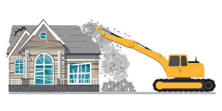 Illustration for Demolition of a building. Destruction of the house with the help of an excavator. Dismantling of an old building Isolated on a white background Vector illustration. - Royalty Free Image