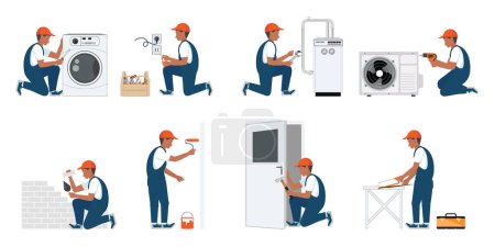 Illustration for Worker repair service, plumber and handyman. People in uniform renovate painter, electrician and carpenter set, cartoon style vector illustration. - Royalty Free Image