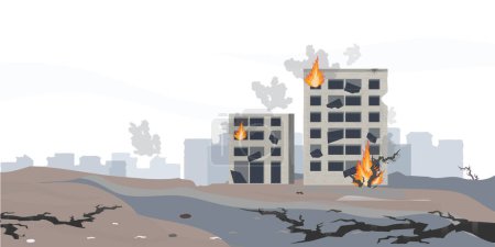 Destroyed village concept landscape.The earthquake destroyed houses and street, Natural disasters vector illustration.