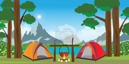 Téléchargez les illustrations : Summer camping. Forest landscape with lake, tent and campfire. Tent with bonfire on forest background.Camping concept with outdoor wild nature.Summer travel vector illustration. - en licence libre de droit