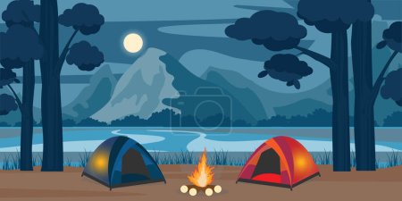 Camping nocturno de montaña. Paisaje forestal con lago, tienda y fogata, cielo con luna. Campamento nocturno, luna y fuego cerca de tienda, ilustración vectorial.