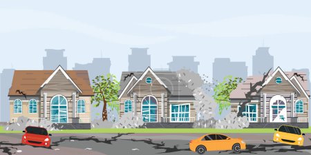 Destroyed town landscape after quake or disaster. Damaged house, cars and holes in ground. Destruction cityscape with cracks and damages on buildings. Earthquake city vector illustration. 