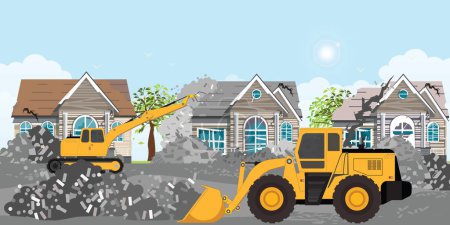 Illustration for Excavator is moving rubble after the earthquake.Excavator working at the disaster scene clearing the debris.Debris being cleared in heavily damaged.Rebuilding after the earthquake.vector illustration. - Royalty Free Image