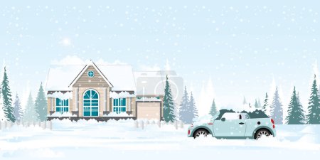 Téléchargez les illustrations : Voiture et maison couverte de neige. - en licence libre de droit