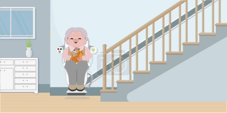 Illustration for Elderly woman using chair lift for stairs. - Royalty Free Image