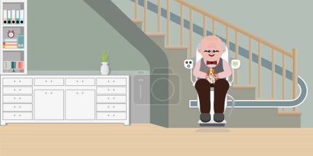 Illustration for Elderly man using chair lift for stairs. - Royalty Free Image