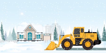 Illustration for Snow plow truck cleaning area streets winter snow. - Royalty Free Image