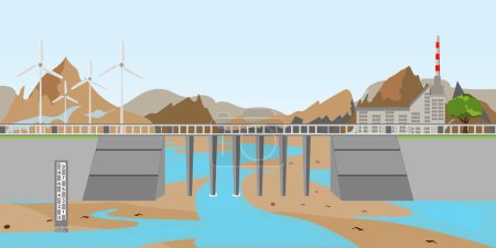 Illustration for The water level meter of dam demonstrates the scarcity of water. - Royalty Free Image