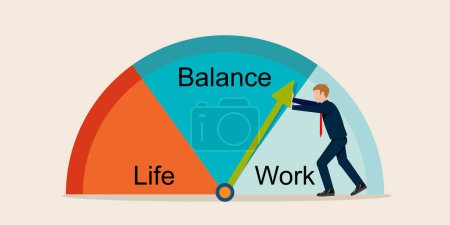 Téléchargez les illustrations : Homme d'affaires poussant la flèche de l'horloge avec le concept d'équilibre de la vie professionnelle. - en licence libre de droit