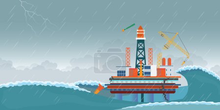 Offshore Oil Platform standing in the ocean sea water during dark cloudy day.