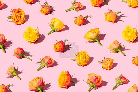 Beautiful red and yellow roses arranged in a pattern on a pastel pink background.  Valentine's Day concept banner.